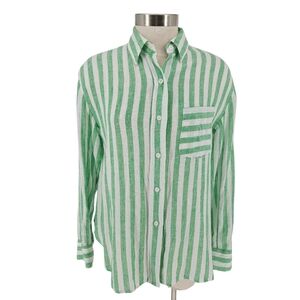 Sonoma Shirt Linen Green Stripe Long Sleeve Button Up Collared Top Small